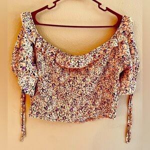 🌺 FLOWER SMOCKED CROPPED Tie Sleeves 2XL Floral Feminine Romantic Cottagecore